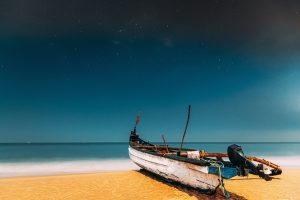 Goa, India. Real Night Sky Stars. Natural Starry Sky Blue Color Above Sea Seascape Ocean Beach